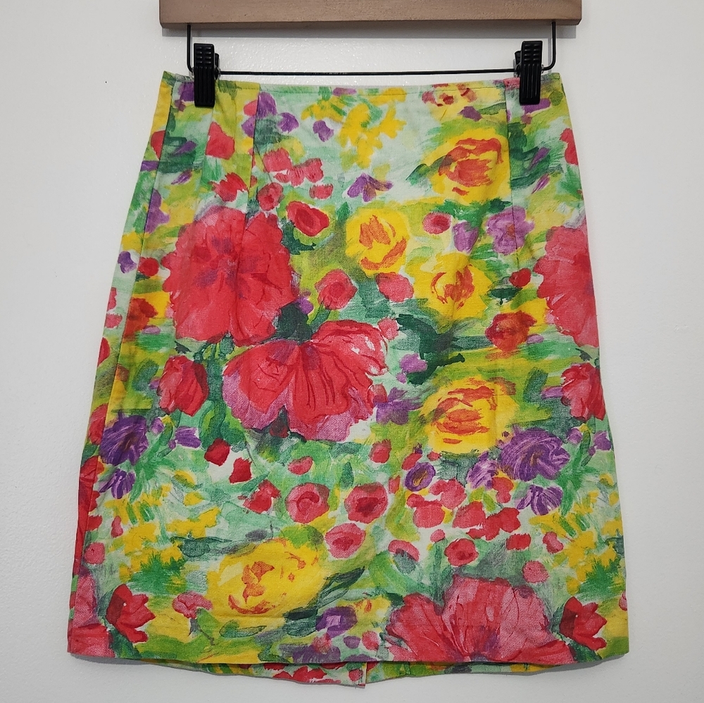 Vintage Paul et Duffier Size 8 Floral Midi Skirt Colorful Art Print Summer